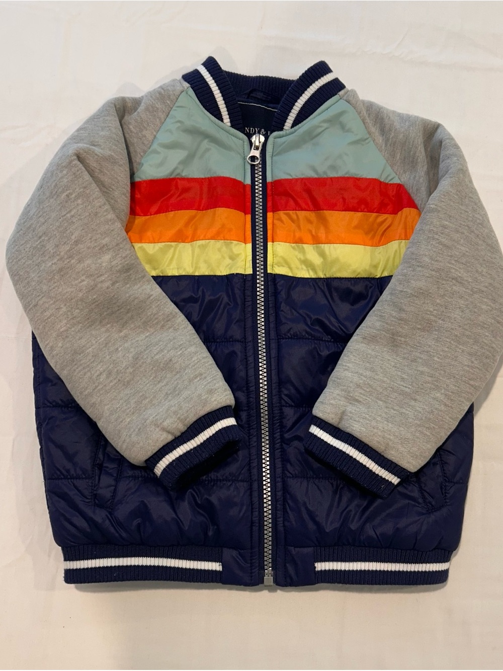 Andy & Evan Navy Puffer Jacket with Light Blue Yoke and Rainbow Stripes